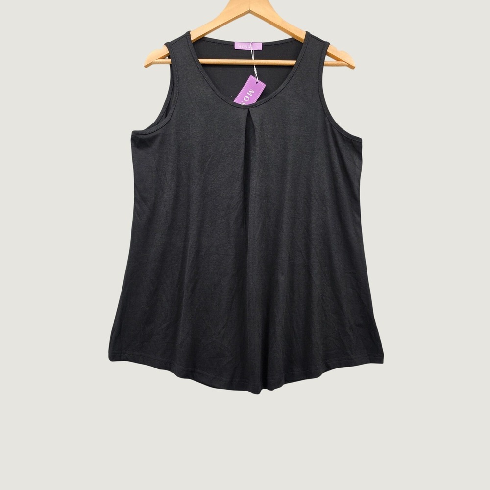Moshu Black Sleeveless Tank Top Pleat Front Scoop Neck Flowy Women's Large NWT